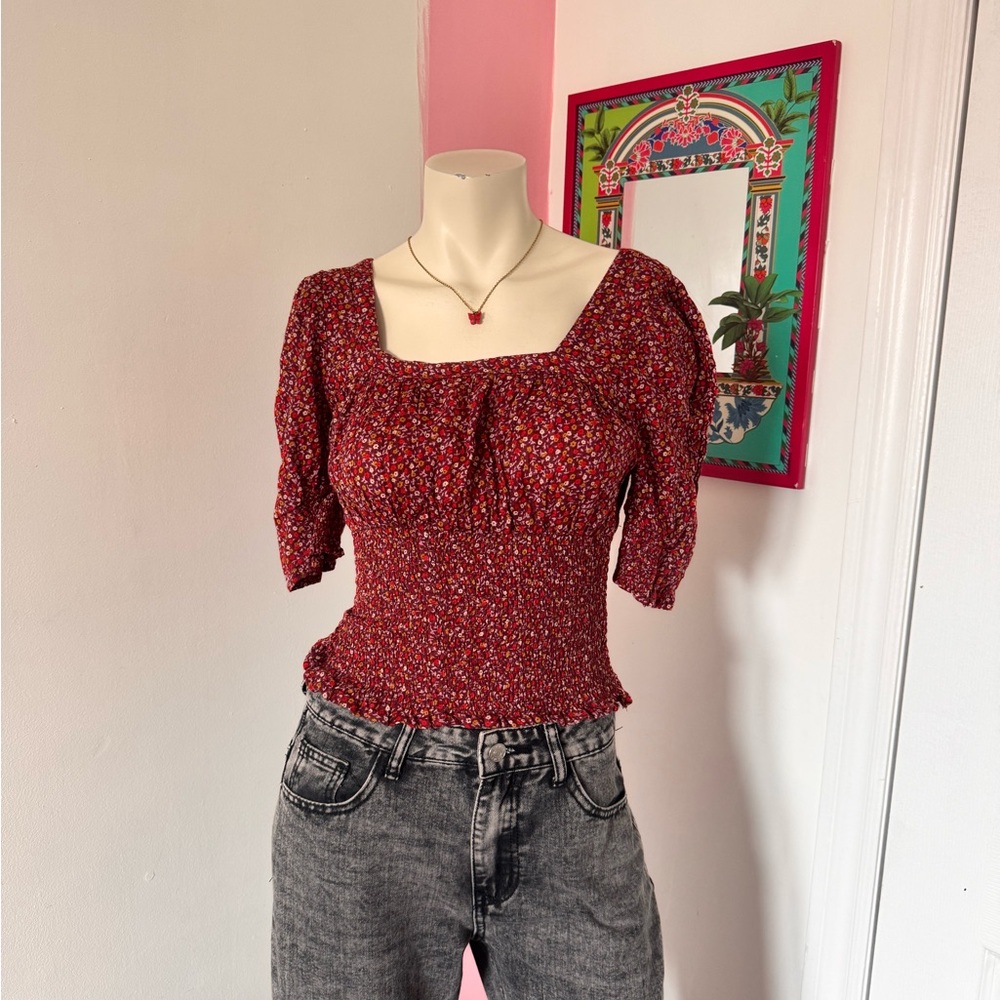 Universal Thread Burgundy Floral Ruched Puff Sleeve Blouse